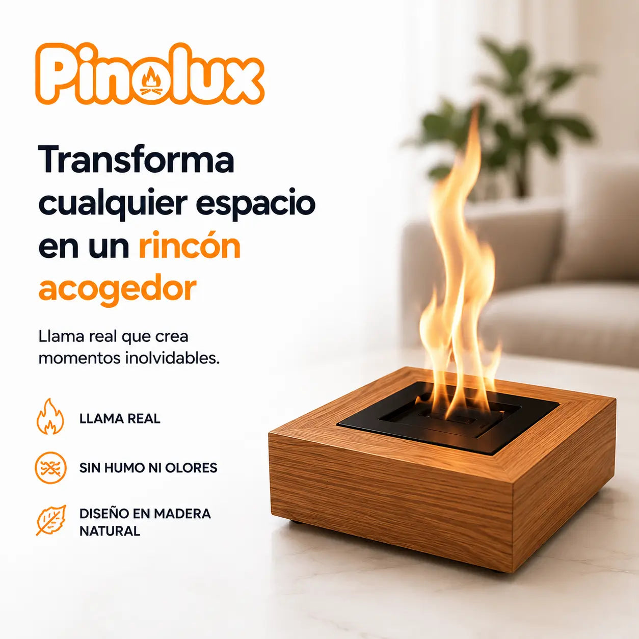 Chimenea cuadrada en madera natural