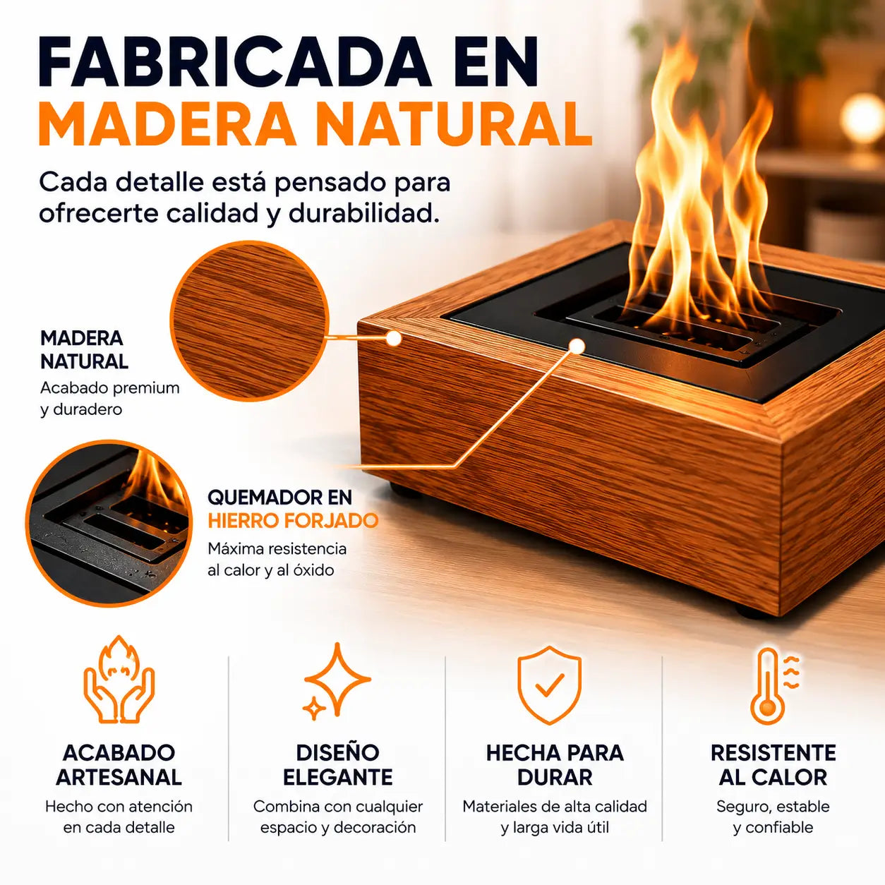 Chimenea cuadrada en madera natural